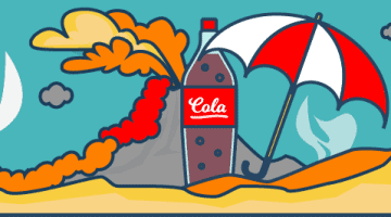 Weltuntergangsstimmung mit Vulkanausbruch und Cola Flasche und Schirm