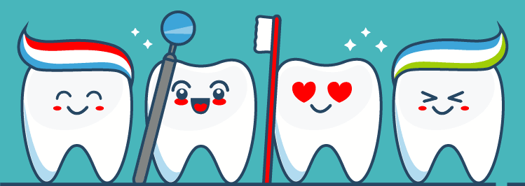 Zähne mit Zahnbürste, Spiegel und Zahnpaste