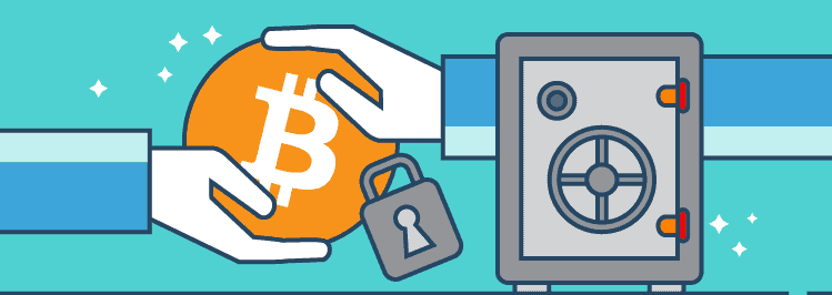 Bitcoin in schützenden Händen und Safe