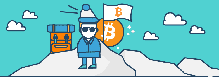 Bergsteiger am Gipfel mit Bitcoin