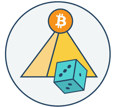 Pyramide mit Bitcoin und Würfel