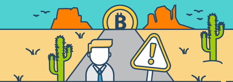 Straße in der Wüste und am Horizont Bitcoin Münze