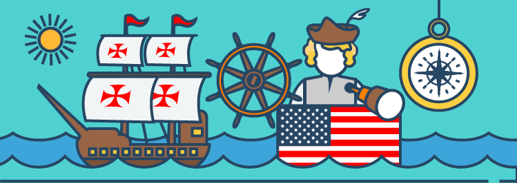 Amerikanische Flagge und Columbus mit Schiff und Kompass